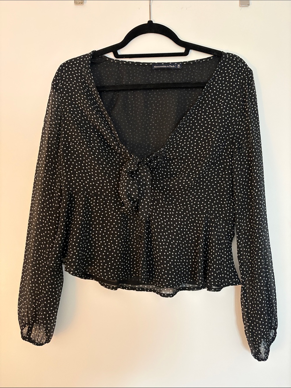 Abercrombie & Fitch Black and White Polka Dot Tie-Front Long Sleeve Blouse